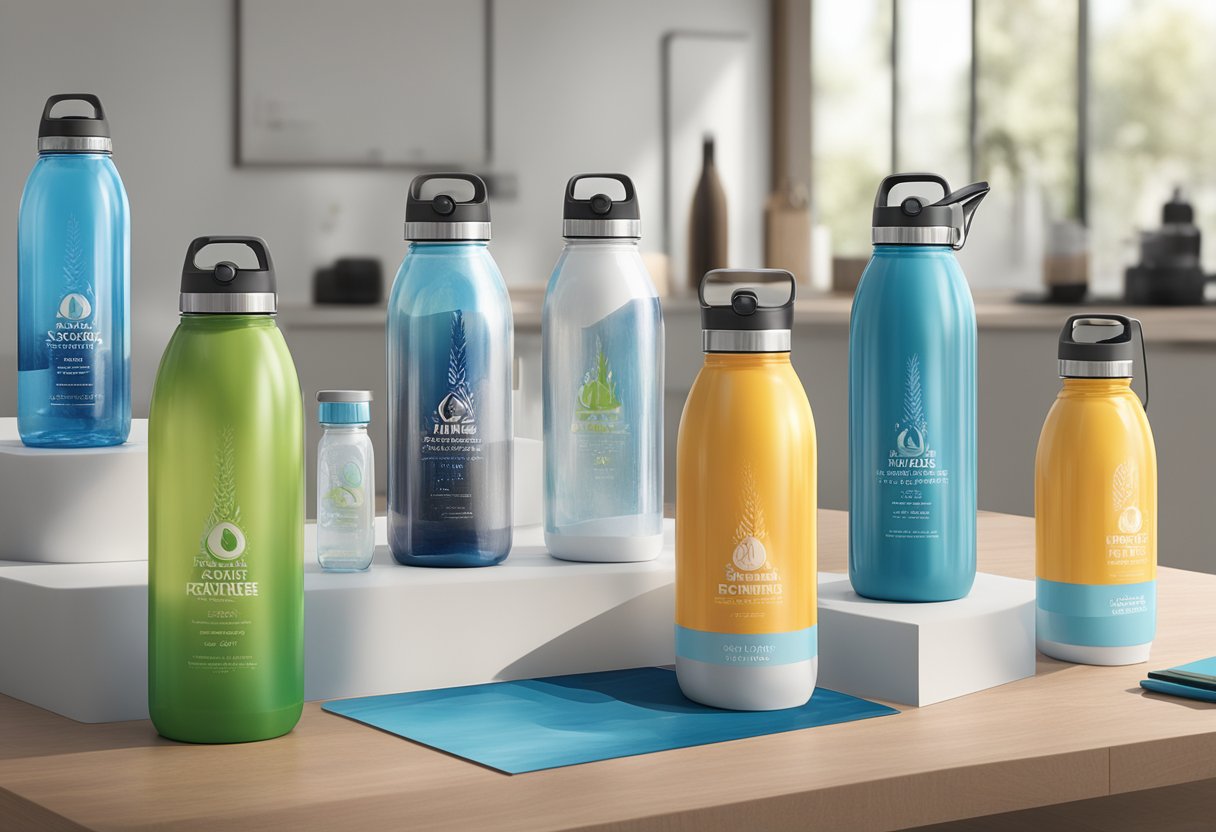 Various water bottles displayed on a table with corporate branding. Different styles, colors, and materials are showcased for gifting purposes