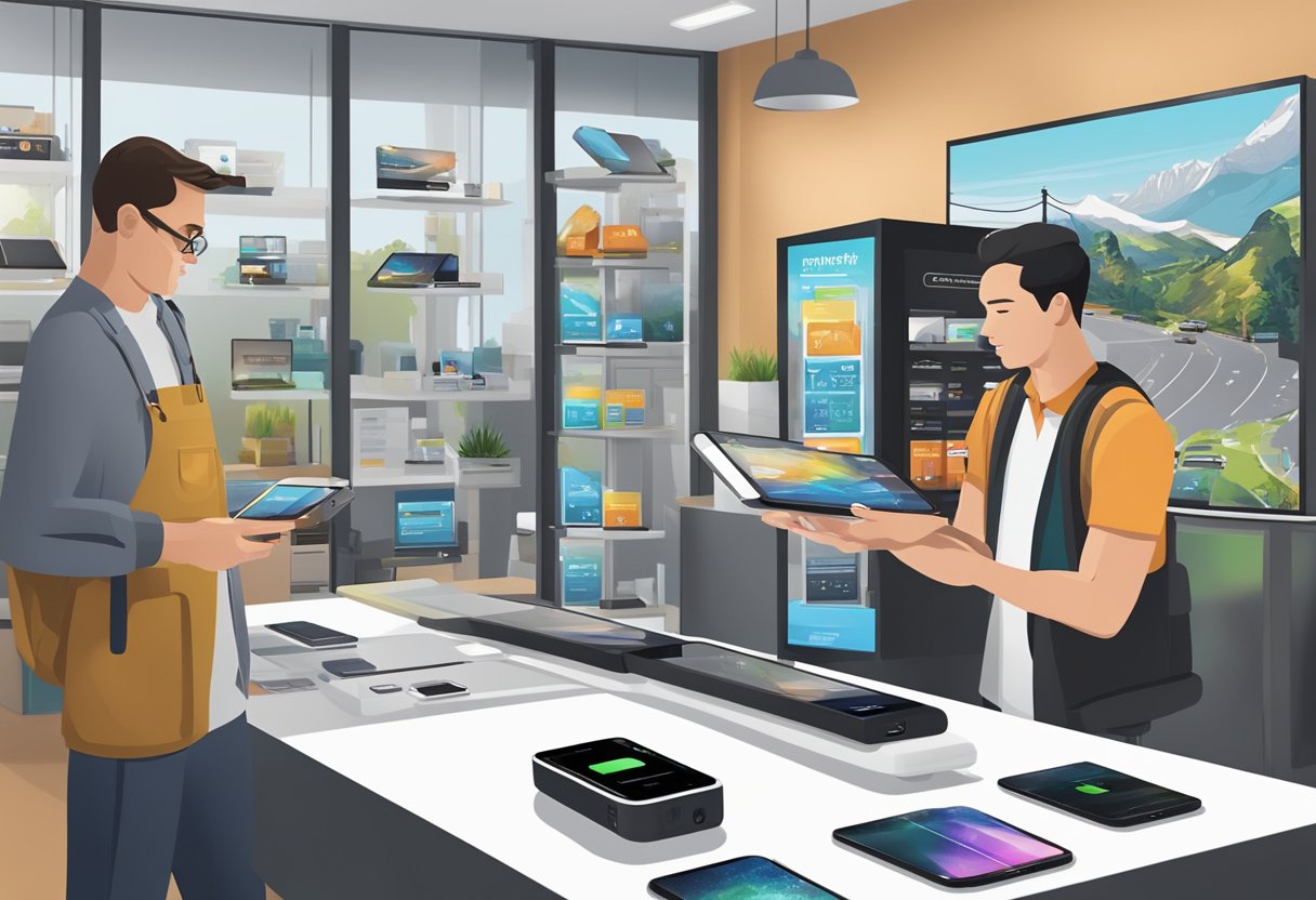 A customer selects a custom portable charger from a display while a marketing representative explains its features