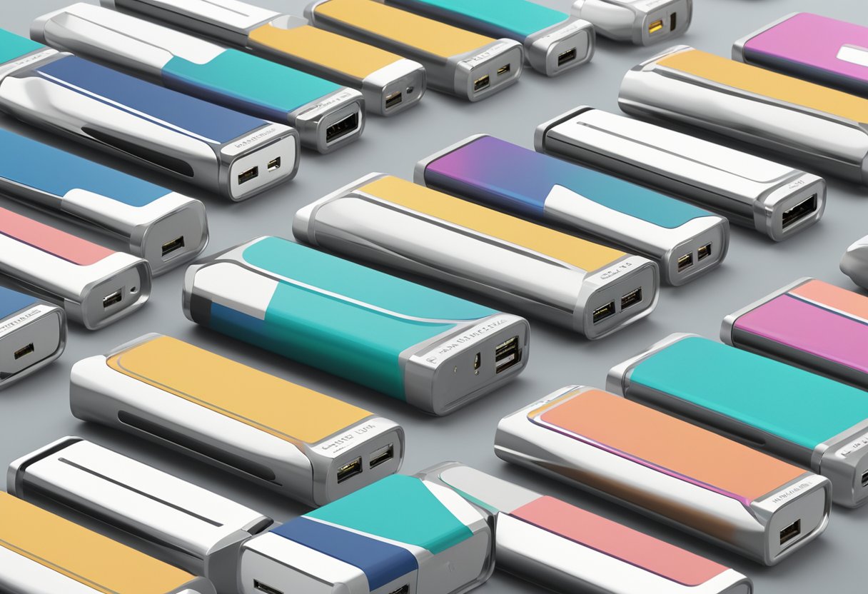 A stack of custom portable chargers with "Frequently Asked Questions" printed on them, surrounded by various electronic devices