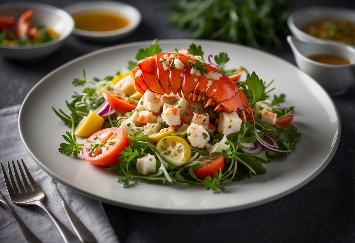 A plate with a vibrant lobster salad, garnished with fresh herbs and drizzled with a tangy dressing, sits on a white tablecloth