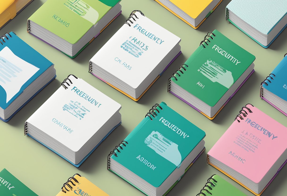 A stack of custom mini notebooks with "Frequently Asked Questions" printed on the cover