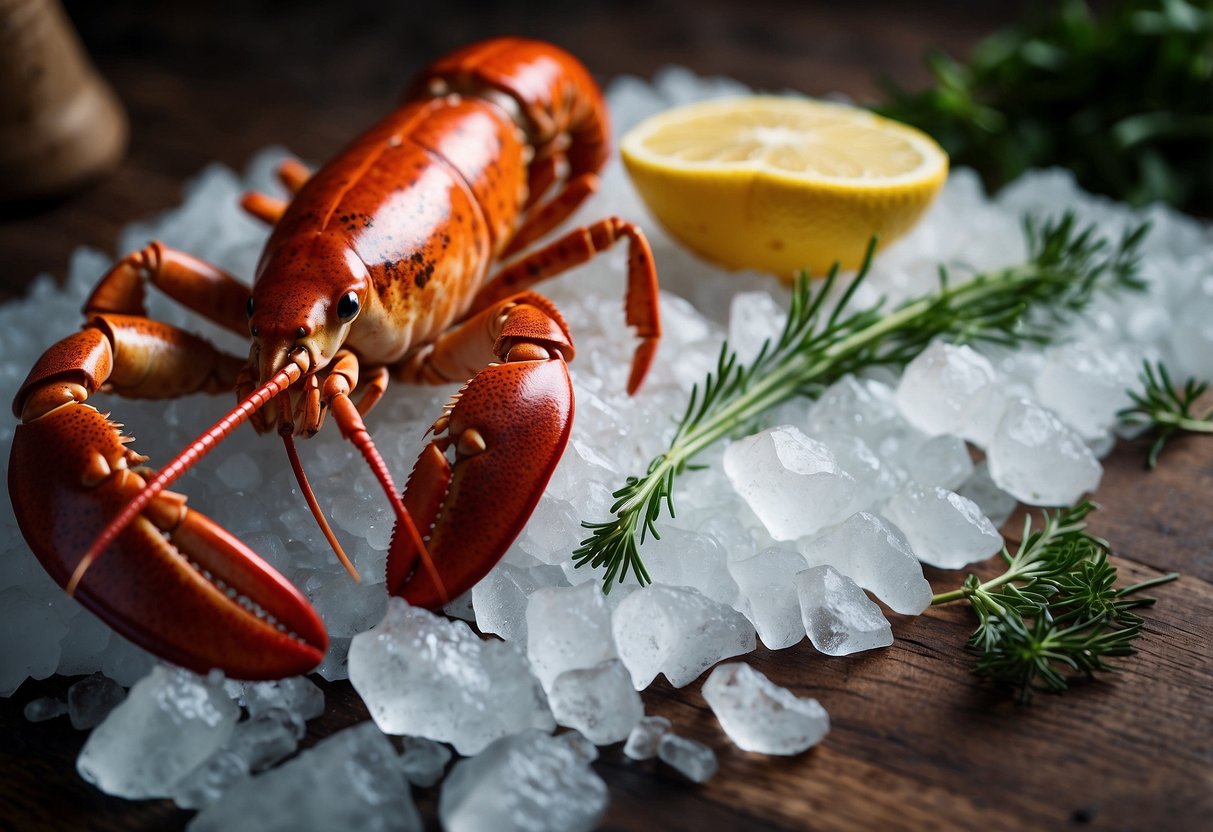 A lobster sits on a bed of ice, surrounded by fresh herbs and lemon slices. A chef's knife and cutting board are nearby, ready for preparation