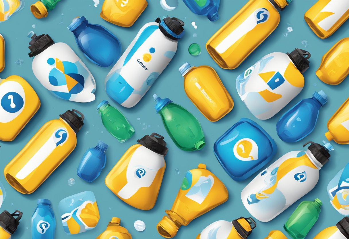 A branded water bottle surrounded by question marks and corporate logos