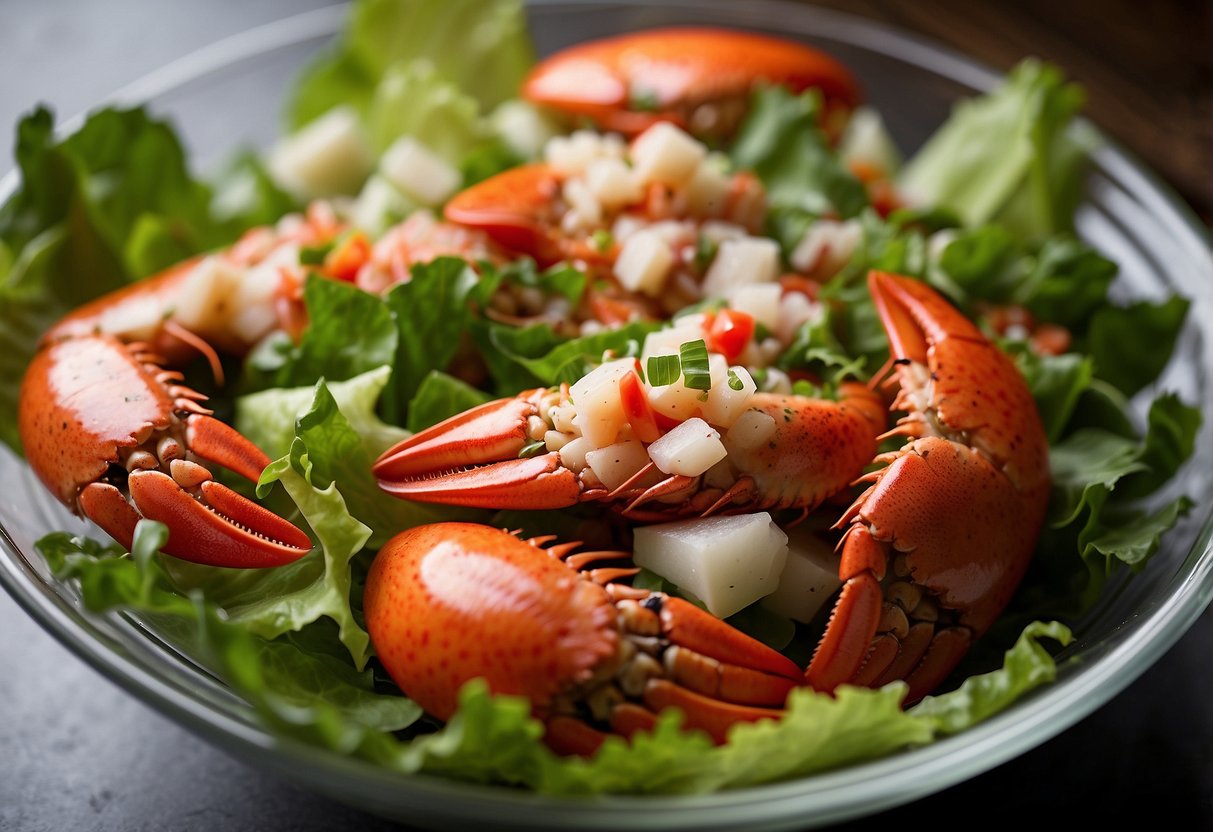 A glass bowl filled with chunks of fresh lobster, mixed with crisp lettuce, diced tomatoes, and drizzled with tangy vinaigrette