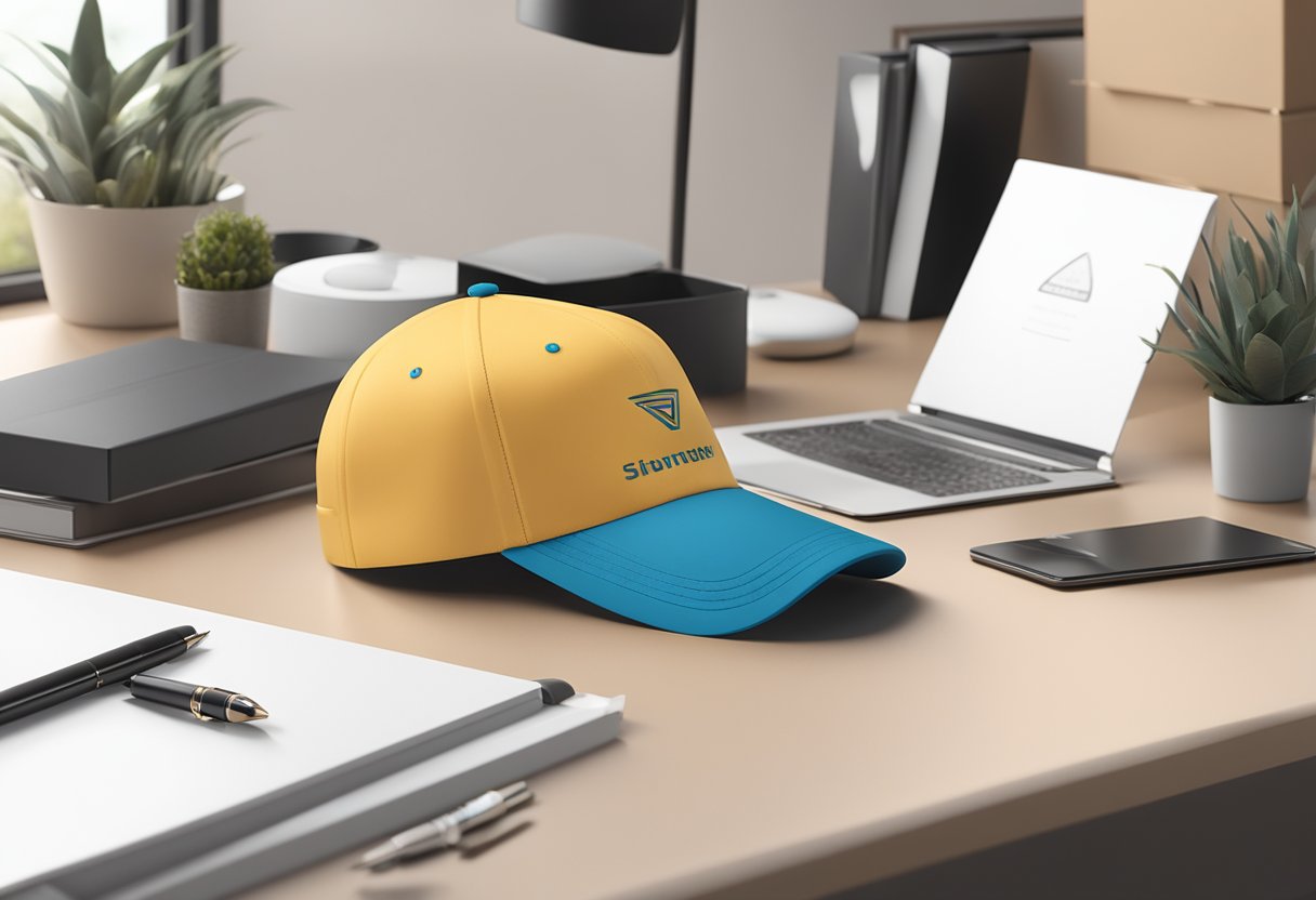 A branded corporate gift cap sits on a sleek desk, surrounded by a stack of elegant gift boxes and a professional-looking pen