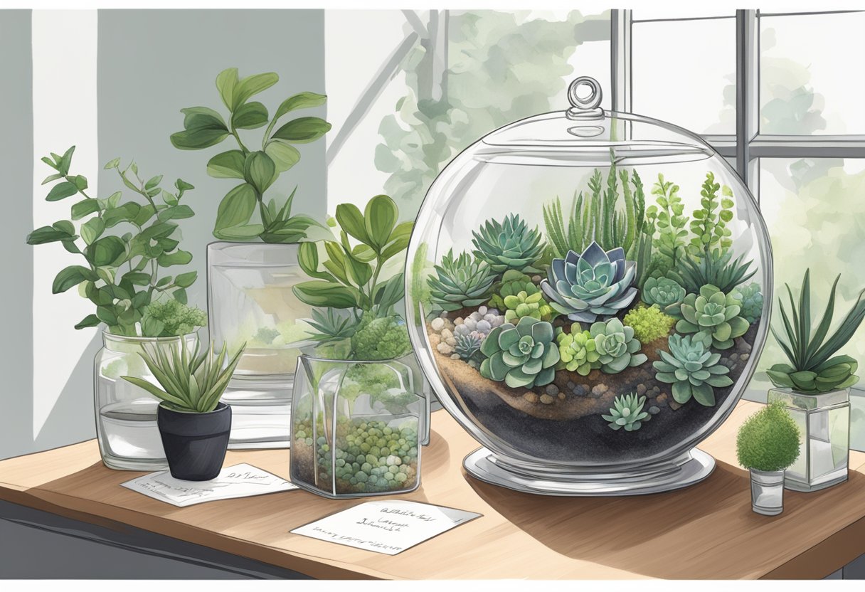 A sleek terrarium, filled with lush greenery and delicate succulents, sits atop a polished desk. A ribbon-tied gift tag dangles from the glass, bearing the company's logo
