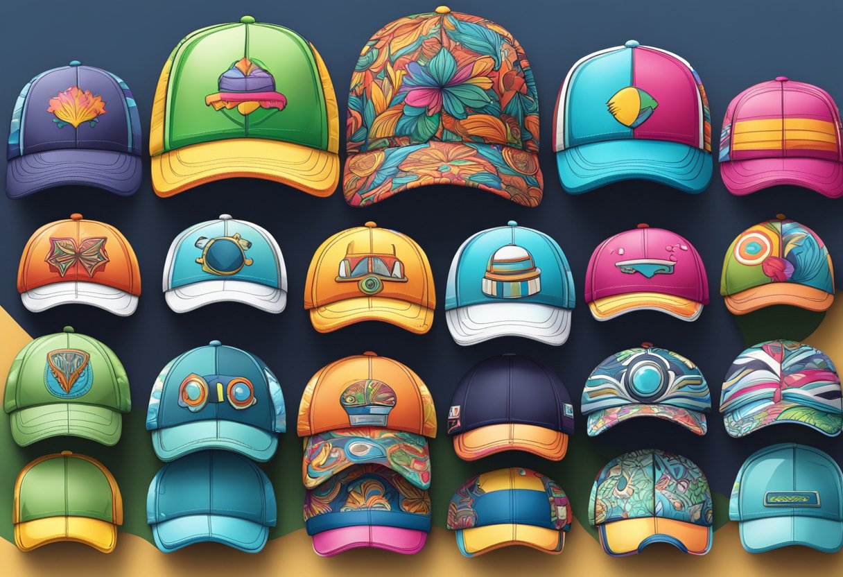 Colorful customised caps arranged in a row, each with unique designs and vibrant patterns