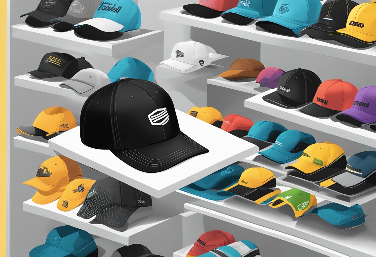 A hand reaches for a sleek black corporate gift cap on a display shelf, surrounded by other branded merchandise