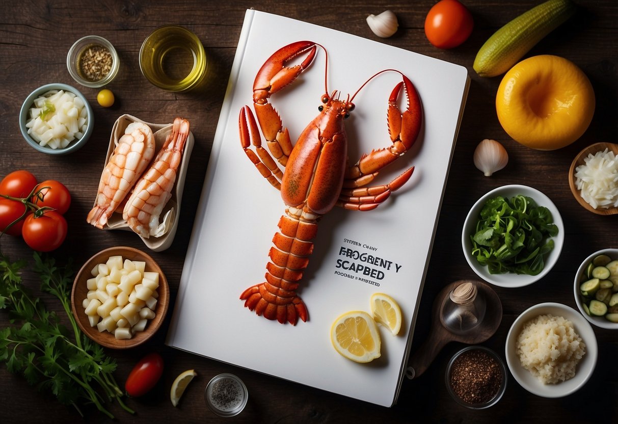 A lobster surrounded by various seafood ingredients and a cookbook with "Frequently Asked Questions lobster seafood recipes Singapore" written on the cover