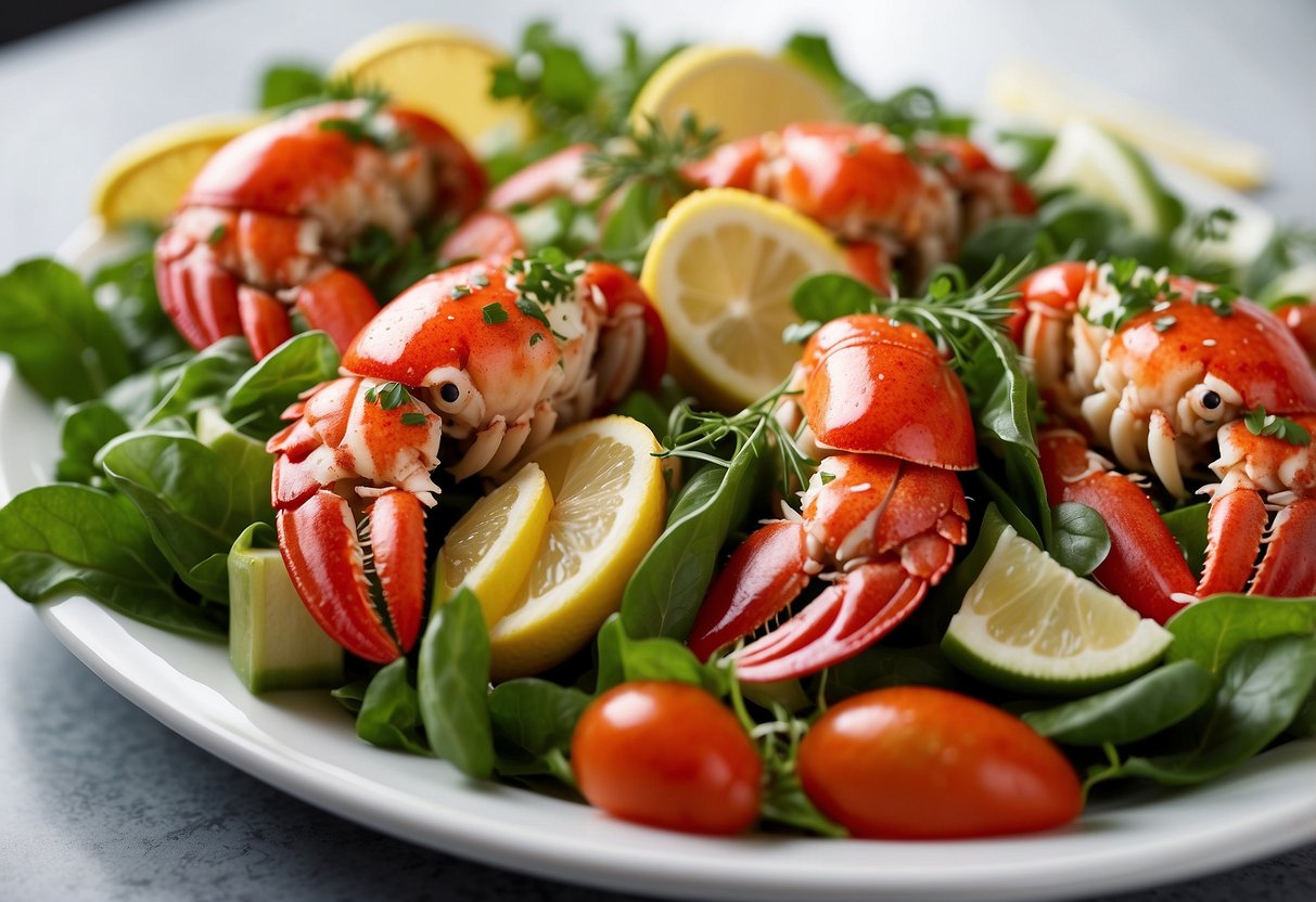 A platter of lobster salad appetizers arranged with fresh greens and garnished with lemon wedges, ready for serving and storage