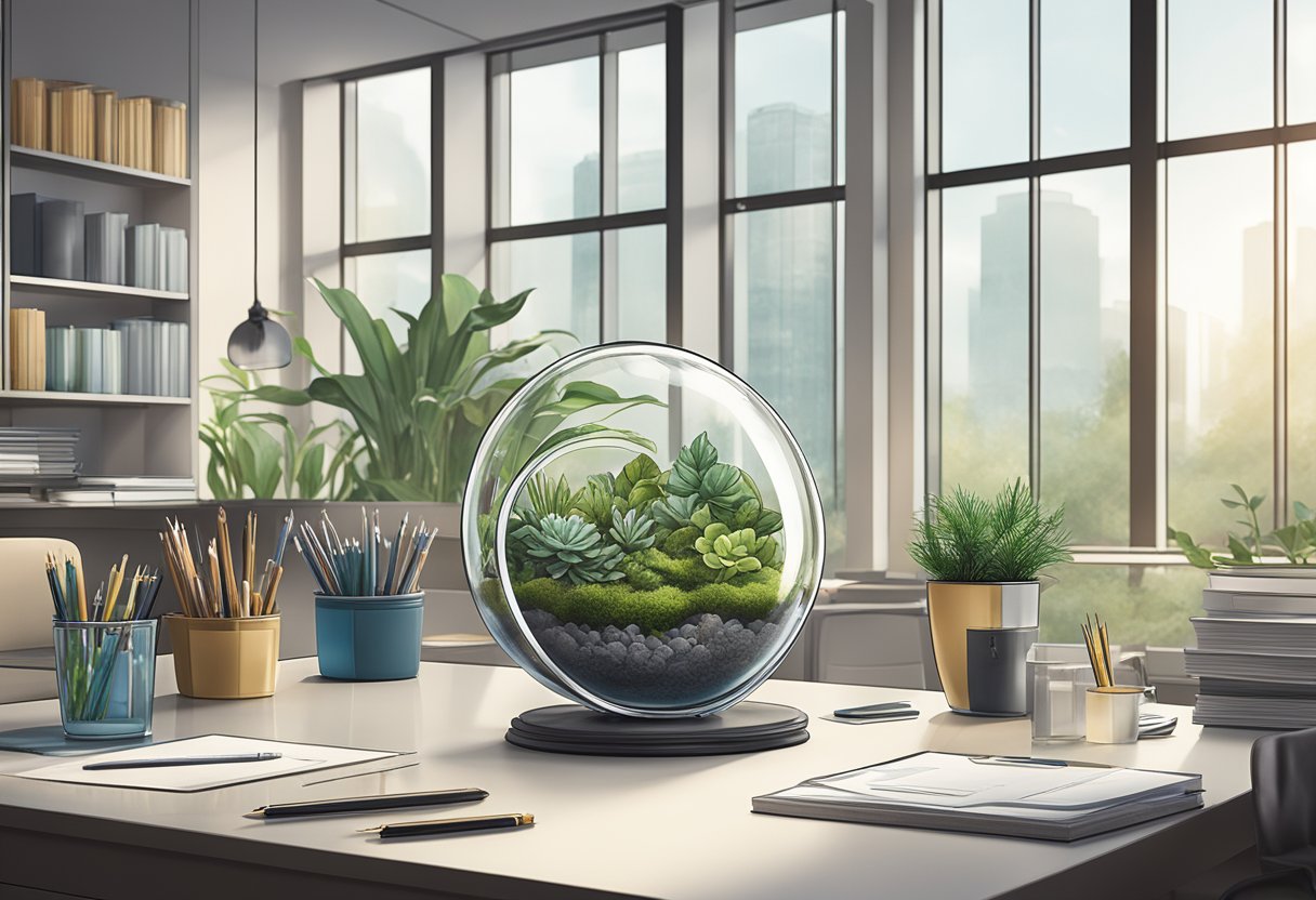 A lush terrarium sits on a desk, surrounded by office supplies. A corporate logo is subtly etched onto the glass, conveying a sense of elegance and professionalism