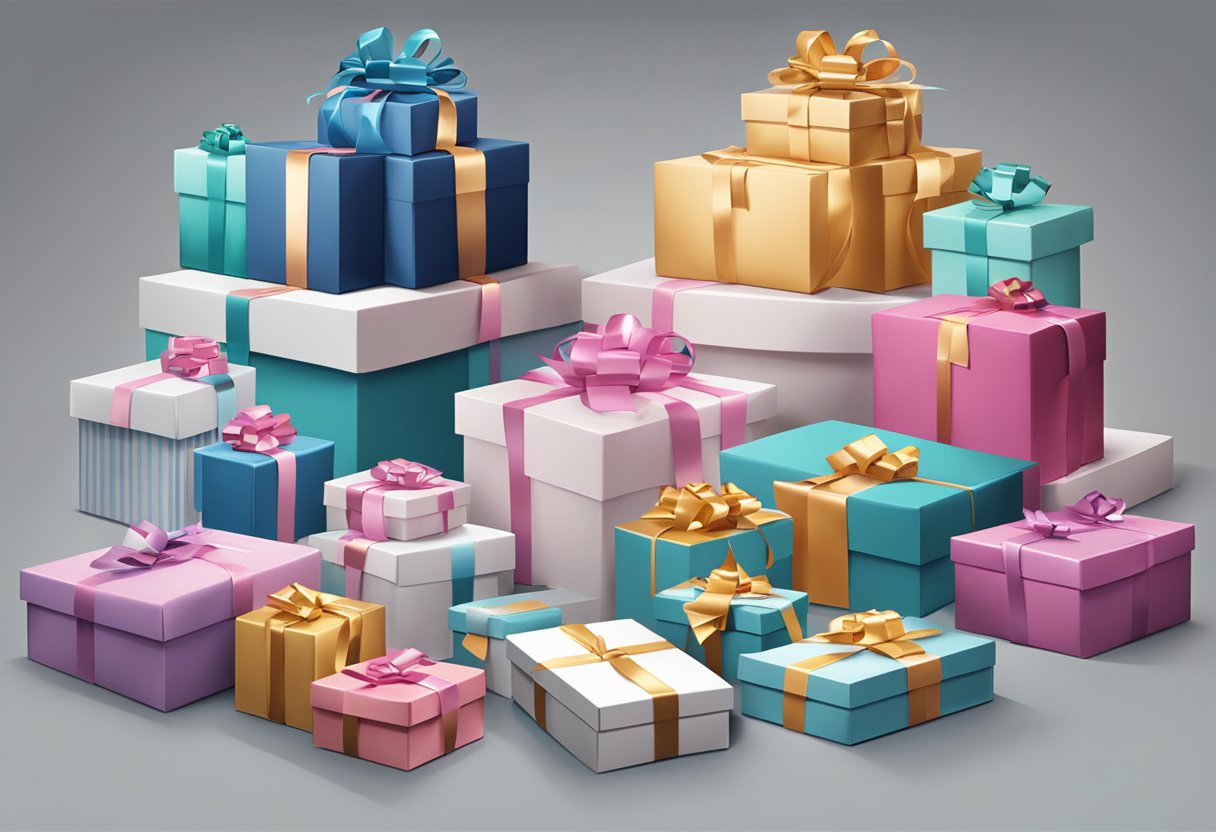 A table adorned with branded gift boxes, ribbon, and corporate logos. A stack of elegant gift bags and a display of custom promotional items