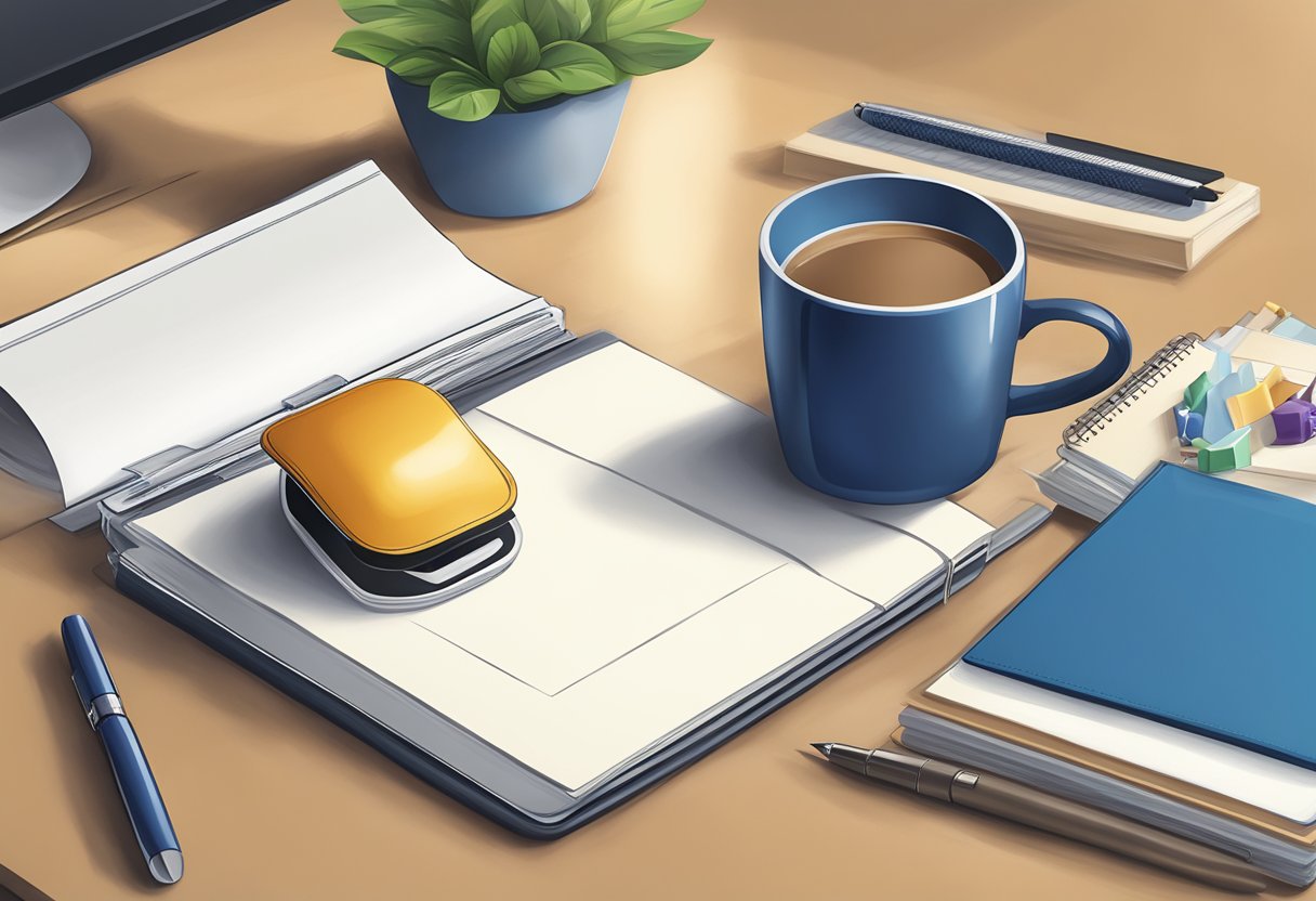 A corporate gift cap placed on a desk, surrounded by various items like a pen, notebook, and a branded mug