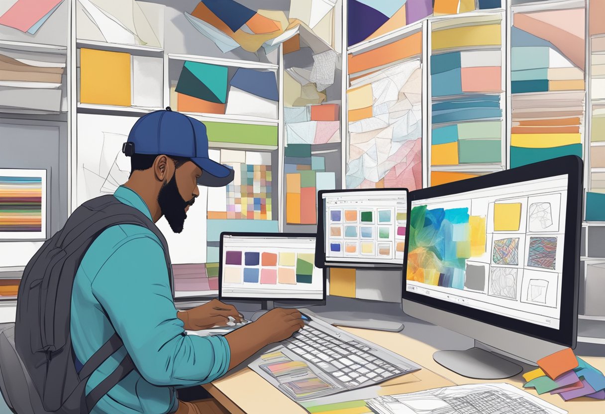 An artist sketches a variety of cap designs, surrounded by color swatches and fabric samples, while a computer screen displays customisation options