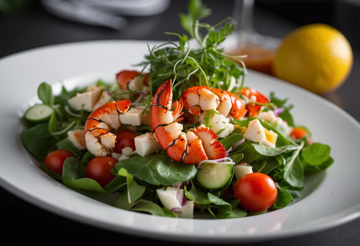 A white plate with a vibrant lobster salad topped with fresh greens and drizzled with a zesty dressing