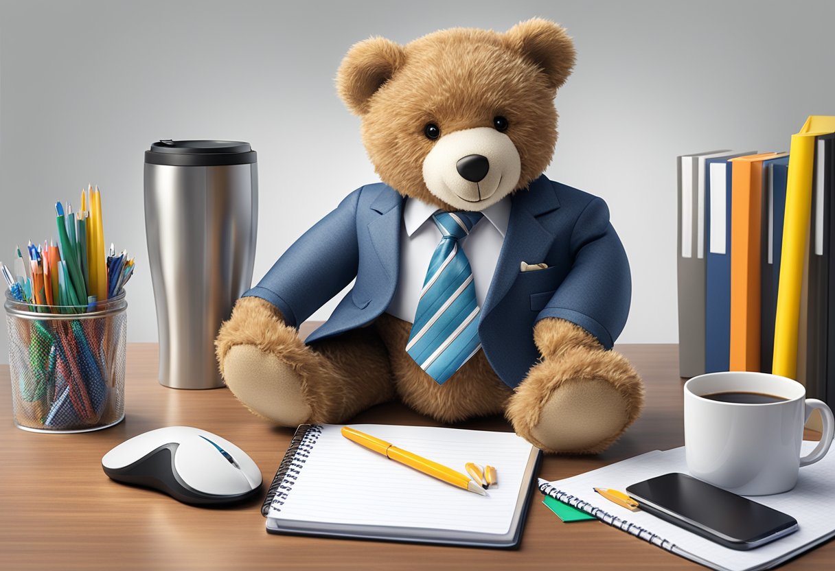 A corporate gift teddy bear sits on a sleek desk, surrounded by office supplies and a branded mug. The bear wears a small tie and has a tag with the company logo