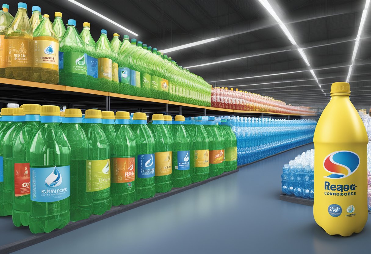 A display of various water bottles in a wholesale warehouse, with corporate logos and branding prominently featured on each bottle