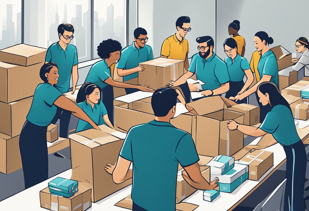 A group of employees gather around a large table, packing boxes of branded corporate gifts for a charity event. The room is filled with excitement and teamwork as they work together to make a positive impact