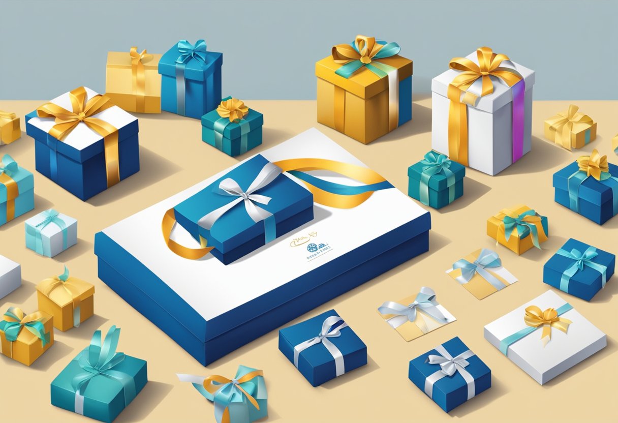 A table with branded gift boxes, ribbons, and thank you cards. A corporate logo is displayed on the boxes