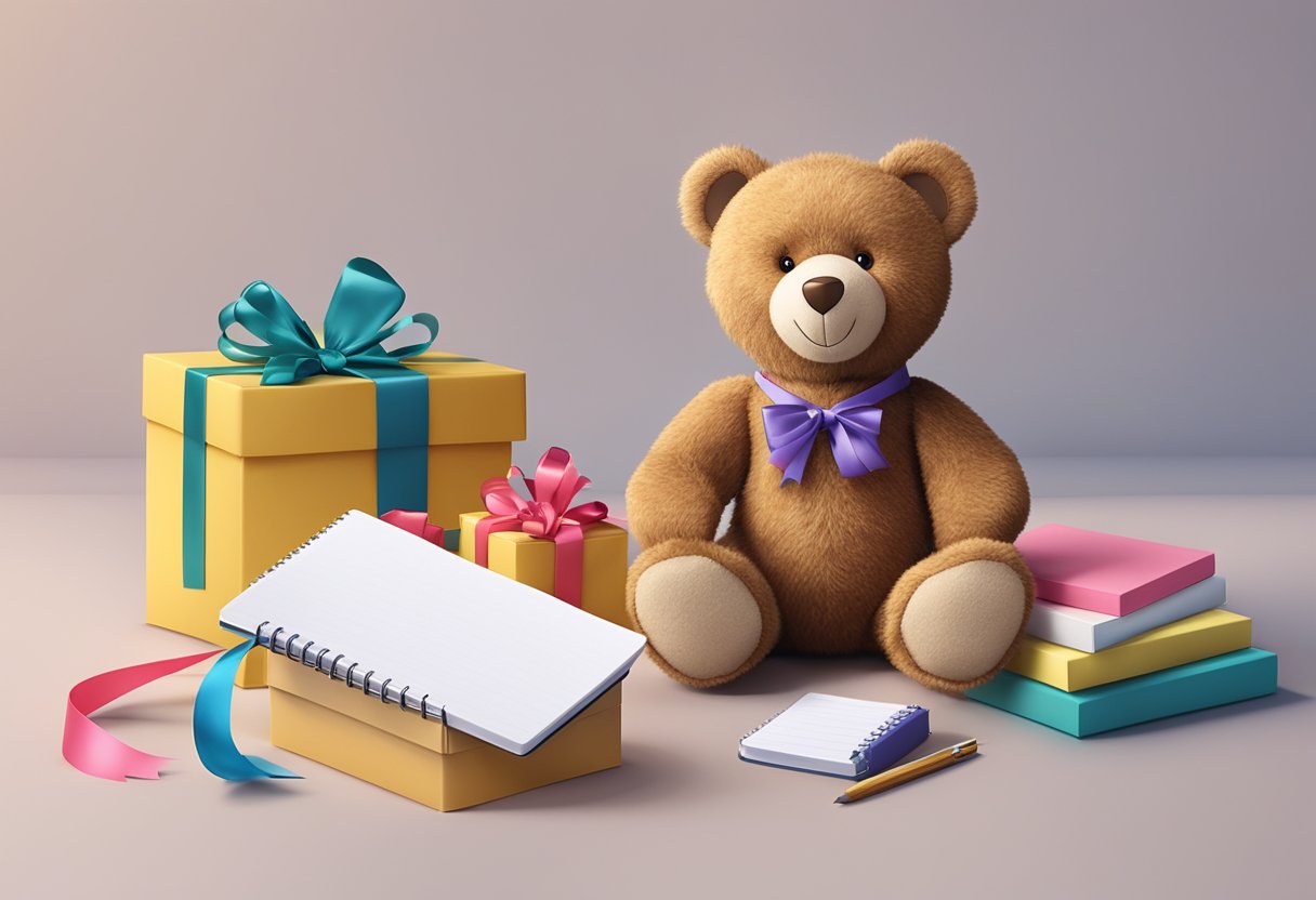 A teddy bear with a corporate logo sits on a desk surrounded by a gift box, ribbon, and branded notepad
