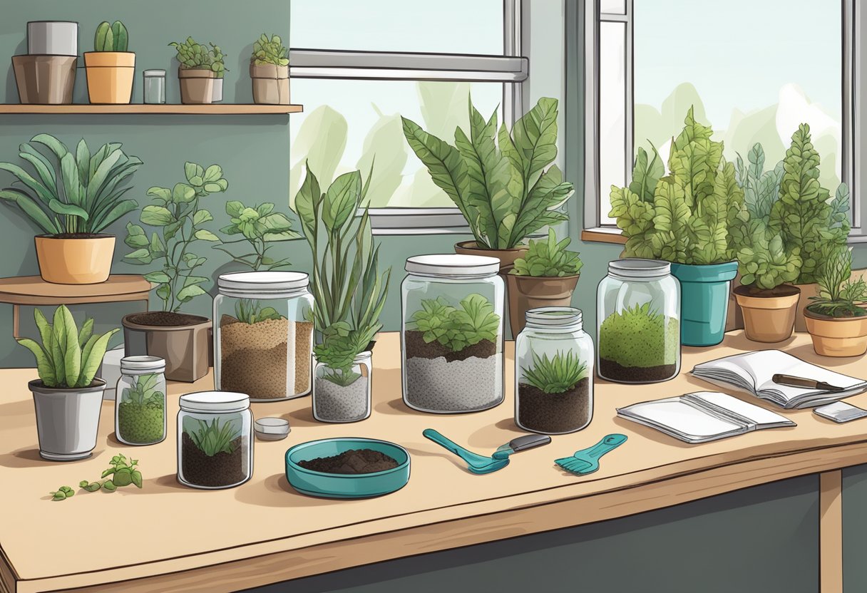 A table set with various plants, soil, and glass containers. A sign reads "Terrarium Workshop Corporate Gift." Tools and instructions are neatly arranged