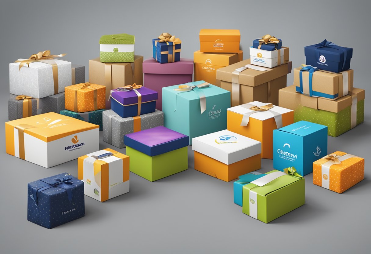 A group of branded gift boxes and baskets arranged neatly on a table, with logos of various charities displayed prominently