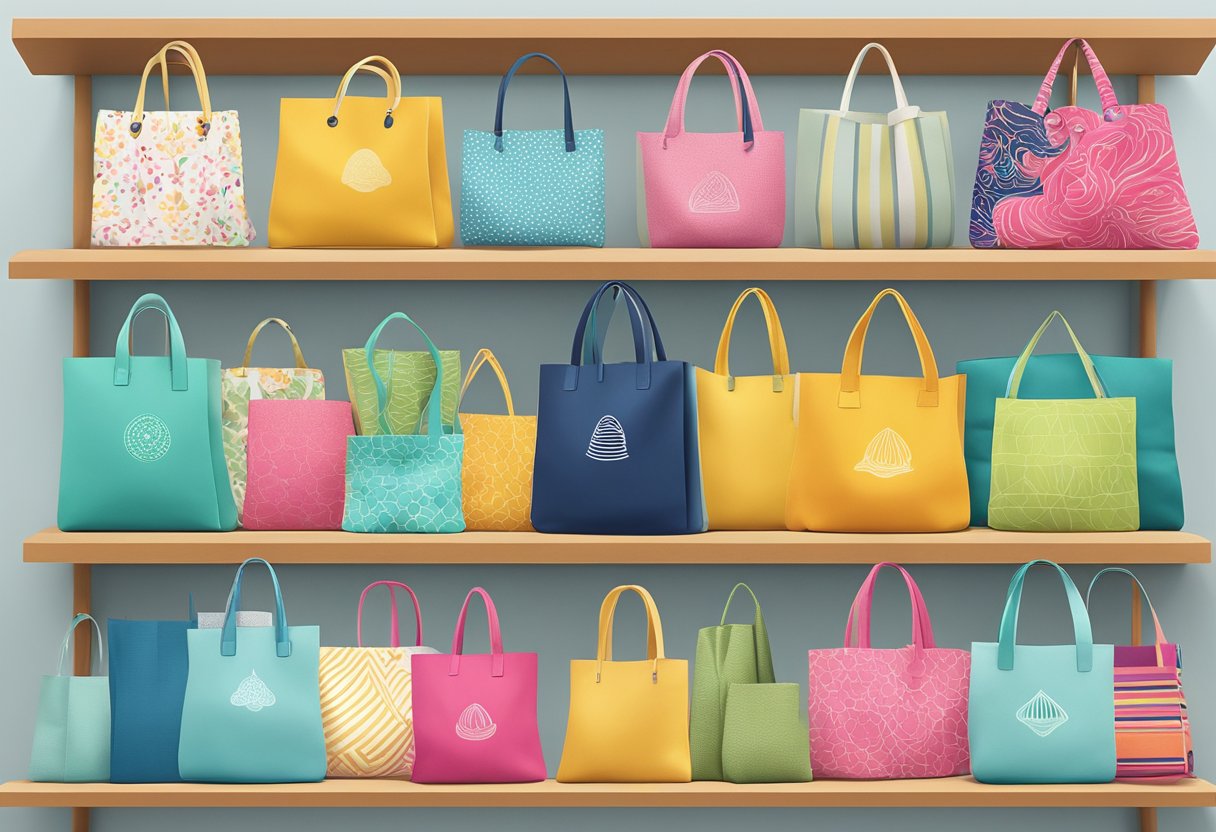 Colorful custom tote bags arranged on a display shelf. Bright patterns and designs pop against a clean, white background
