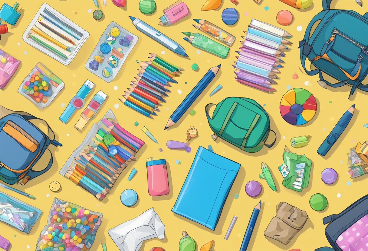 Goodie bags filled with pencils, erasers, stickers, and small toys arranged on a table