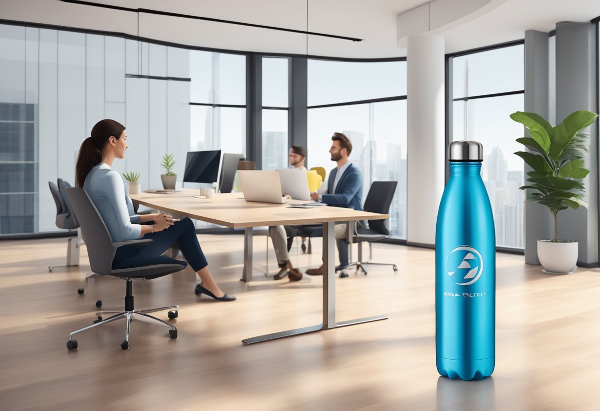 A corporate logo-branded water bottle being presented to a client in a sleek, modern office setting