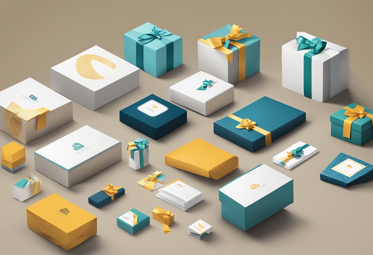 A table with branded gift boxes, promotional items, and a display of corporate gifting options