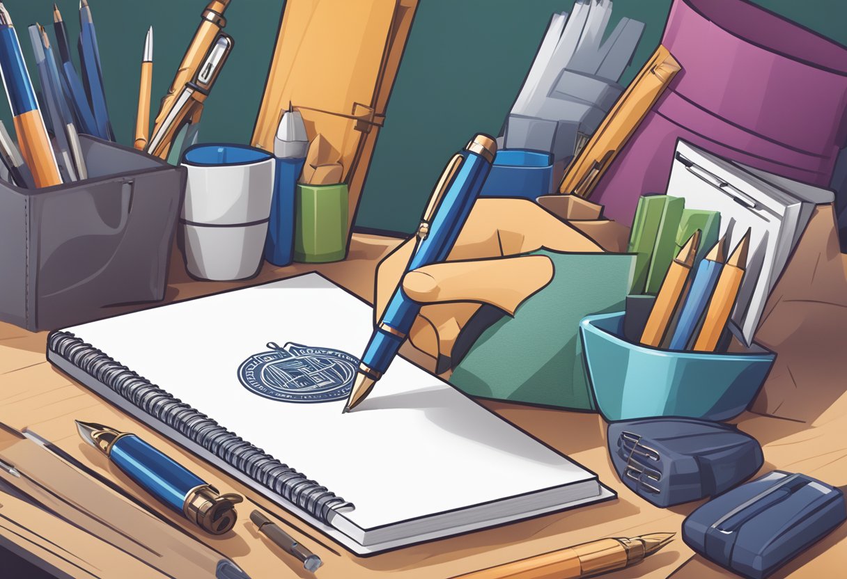 A company logo being engraved on a high-quality pen, surrounded by various gift options like branded notebooks and luxury gift baskets