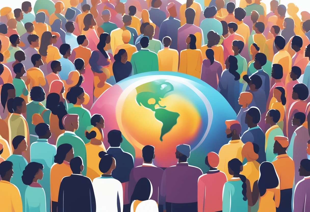 A corporate logo shining over a group of diverse people, symbolizing the impact of charitable gifting on communities and individuals