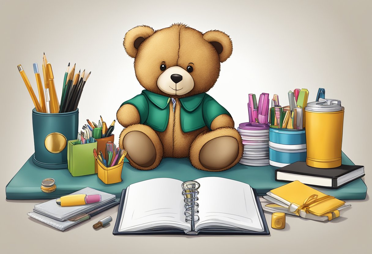 A branded teddy bear sits on a desk surrounded by accessories, ready to be given as a corporate gift