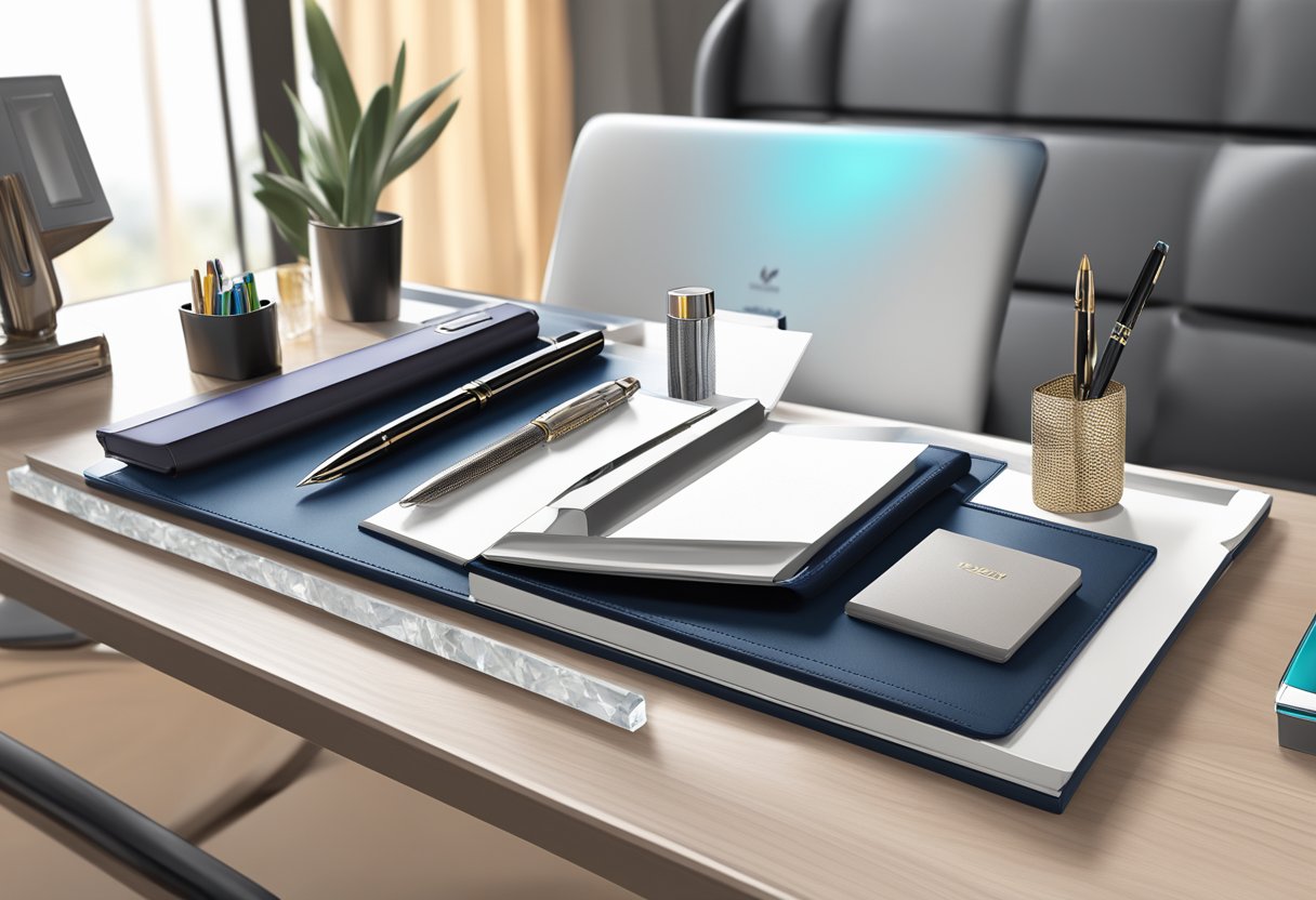 A sleek, modern office desk with a personalized leather portfolio, luxury pen set, and engraved crystal paperweight