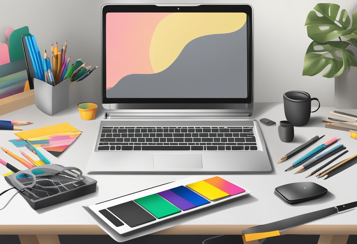 A table with various art supplies, a blank tote bag, and a computer with design software open