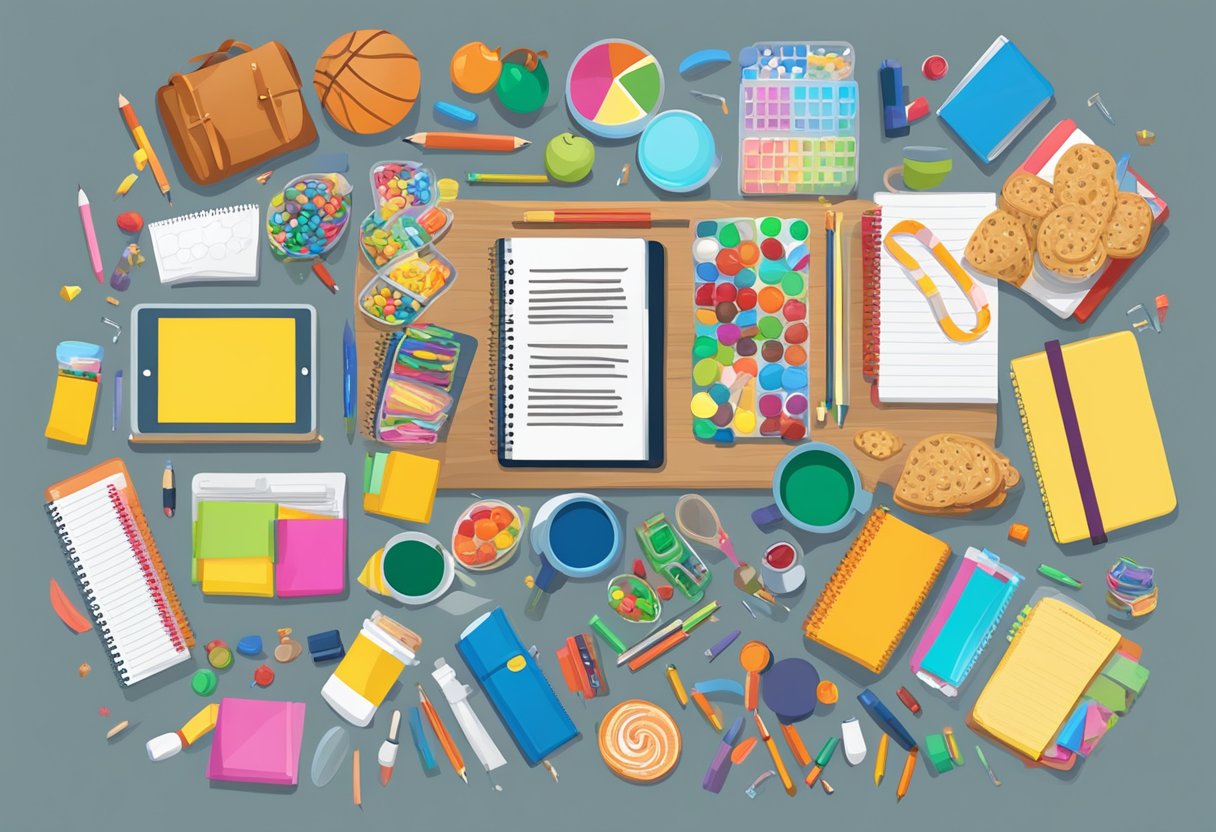 A table filled with school supplies, snacks, and small trinkets for student goodie bags