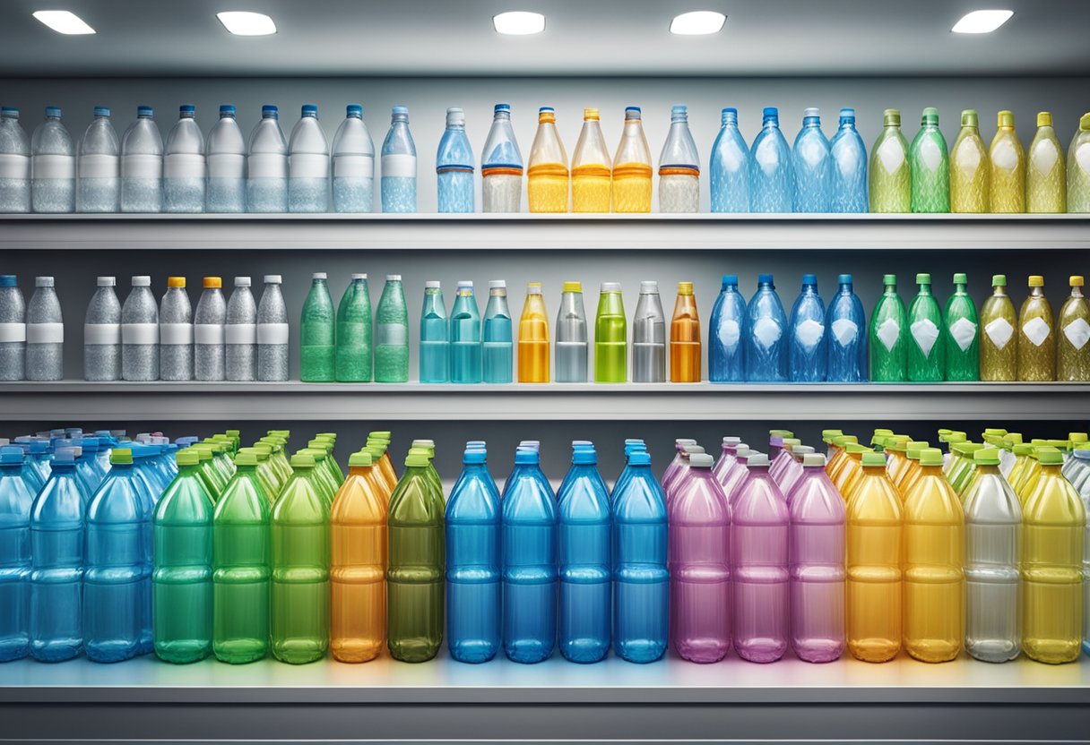 A table with rows of various wholesale water bottles, each with different colors and designs, displayed in a well-lit showroom