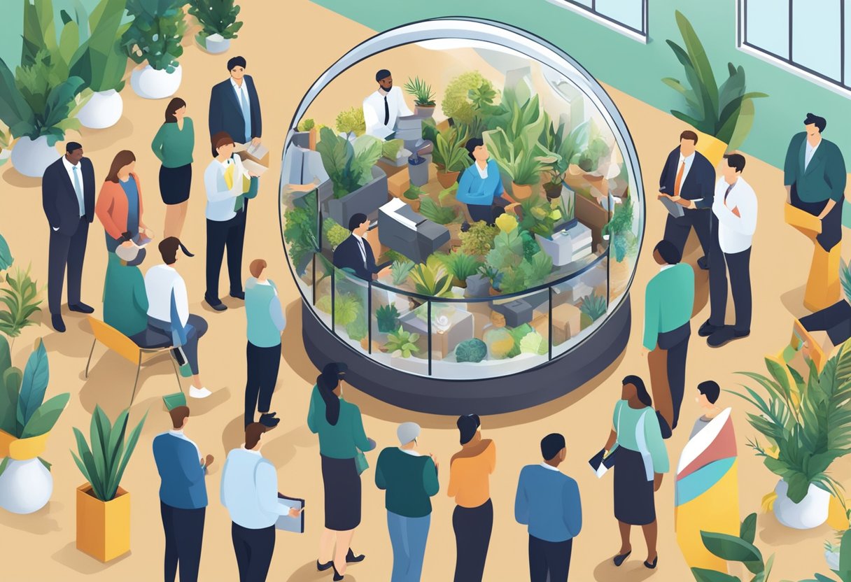 A terrarium filled with corporate gift items, surrounded by a group of people asking questions