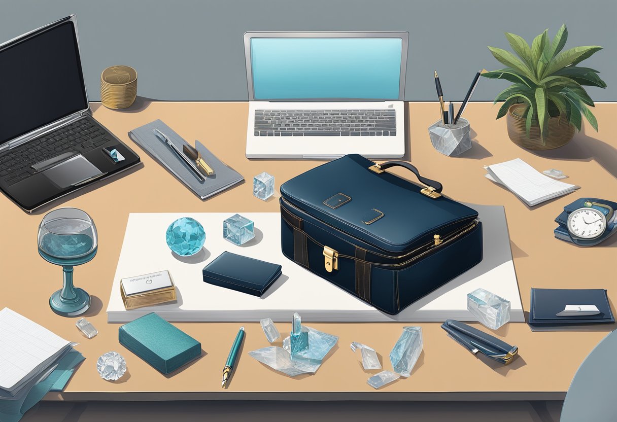 A CEO's desk adorned with luxury corporate gifts: a sleek leather briefcase, a crystal paperweight, and a personalized fountain pen