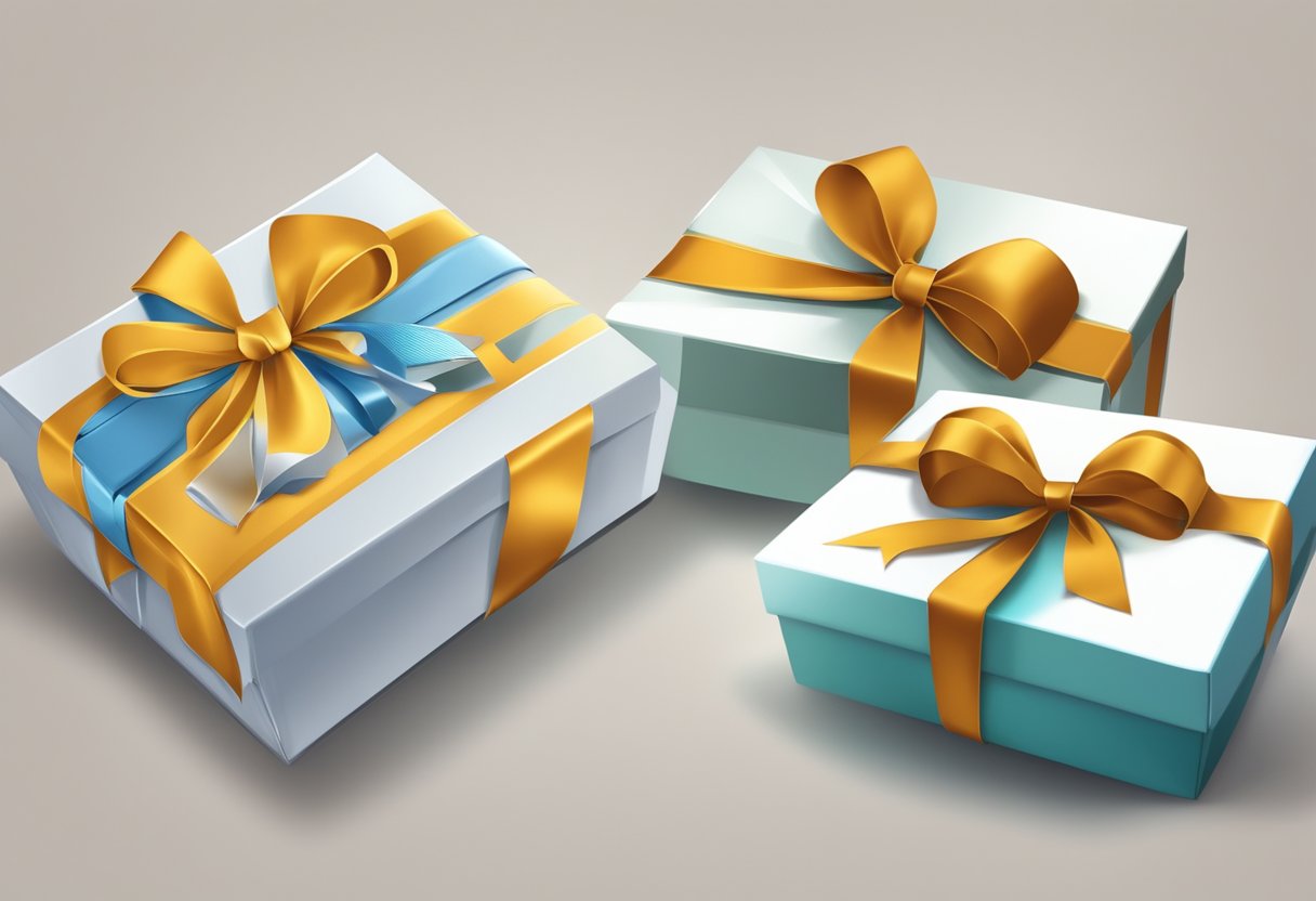 A business logo being presented on a high-quality gift box, with a ribbon and a personalized note attached