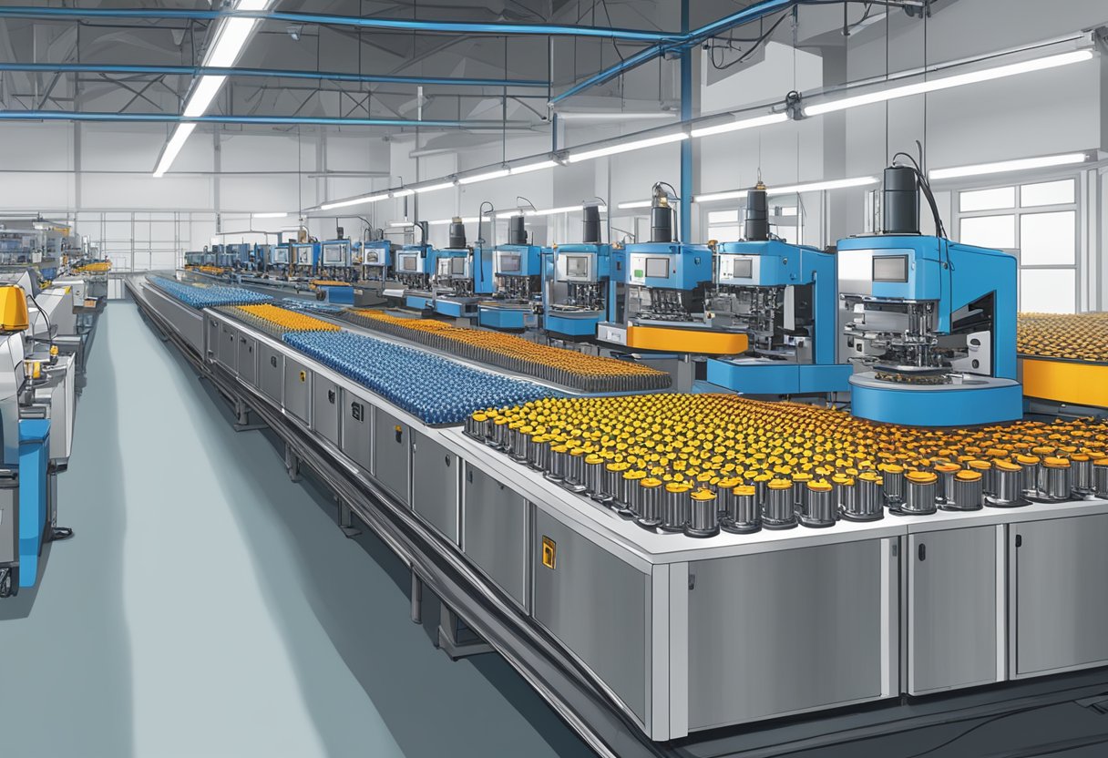 Machines humming as caps are customized and ordered in a busy production facility
