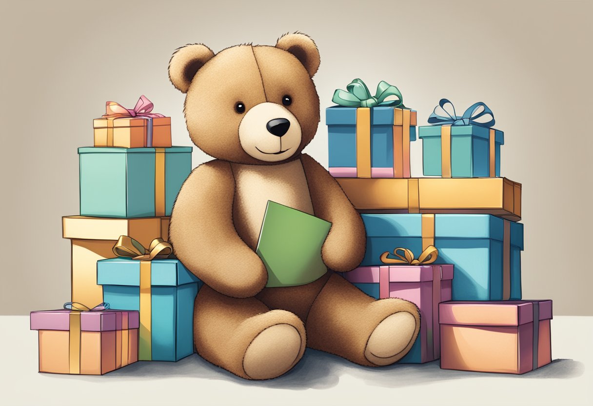 A teddy bear surrounded by a stack of corporate gift boxes with a sign reading "Frequently Asked Questions" in the background