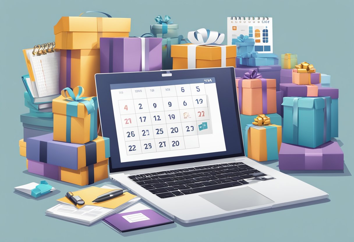 A stack of gift boxes with "FAQ" logo, surrounded by business-related items like a laptop, pen, and calendar
