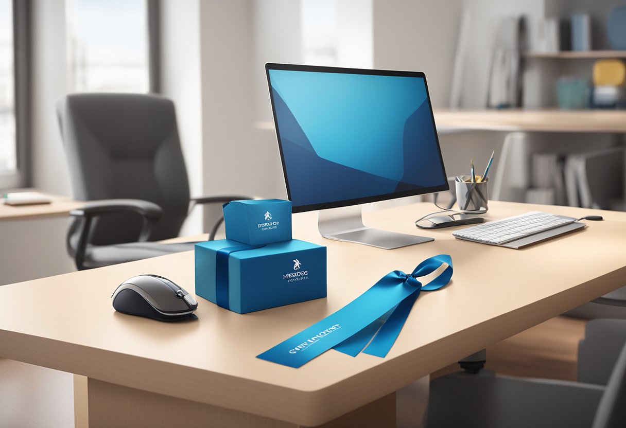 A corporate logo-branded fan sits on a sleek desk with a ribbon and gift tag
