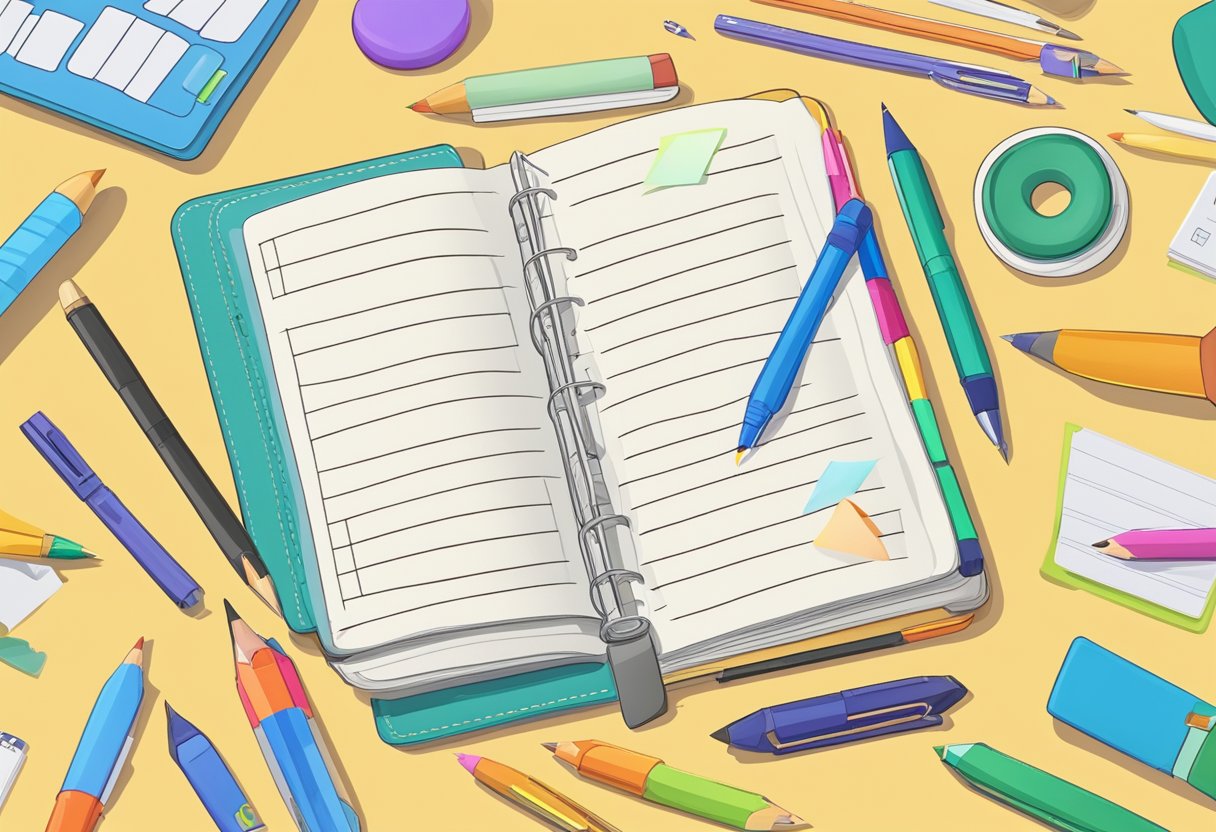 A hand reaches for a blank notebook, surrounded by colorful pens and stickers. A personalized name plate sits on the cover
