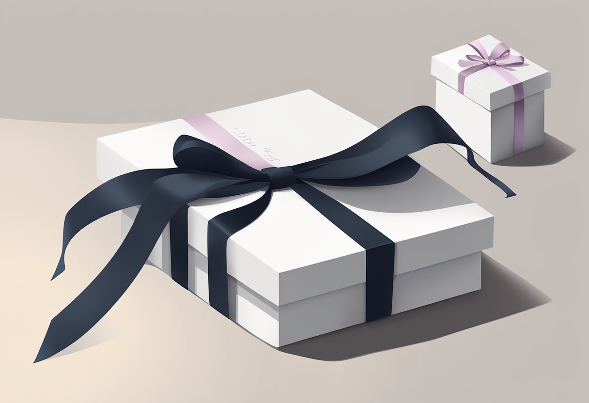A beautifully wrapped gift box with a ribbon and bow, accompanied by a handwritten note and a business card, displayed on a sleek desk