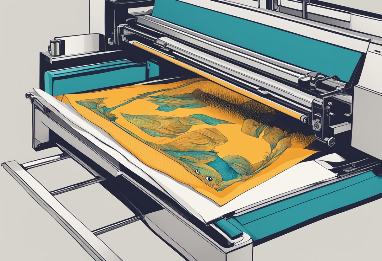 A tote bag being printed with a custom design using screen printing or heat transfer techniques