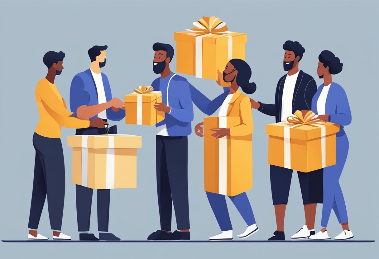 A group of people receiving and unwrapping corporate gifts with charity logos