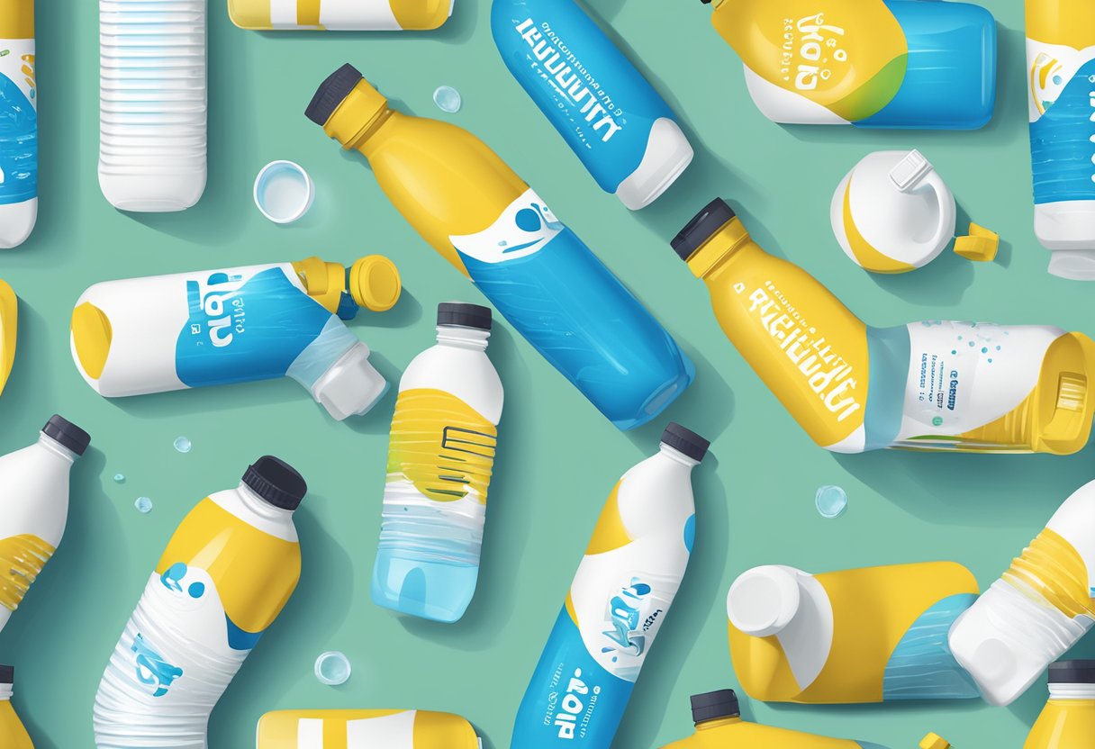 A stack of branded water bottles with "Frequently Asked Questions" logo, surrounded by office supplies and packaging materials