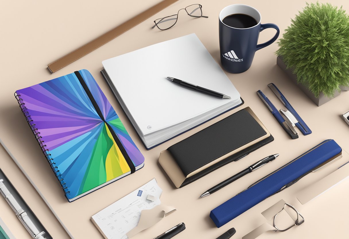 A corporate gift fan holds a branded pen, mug, and notebook. The logo is prominently displayed on each item